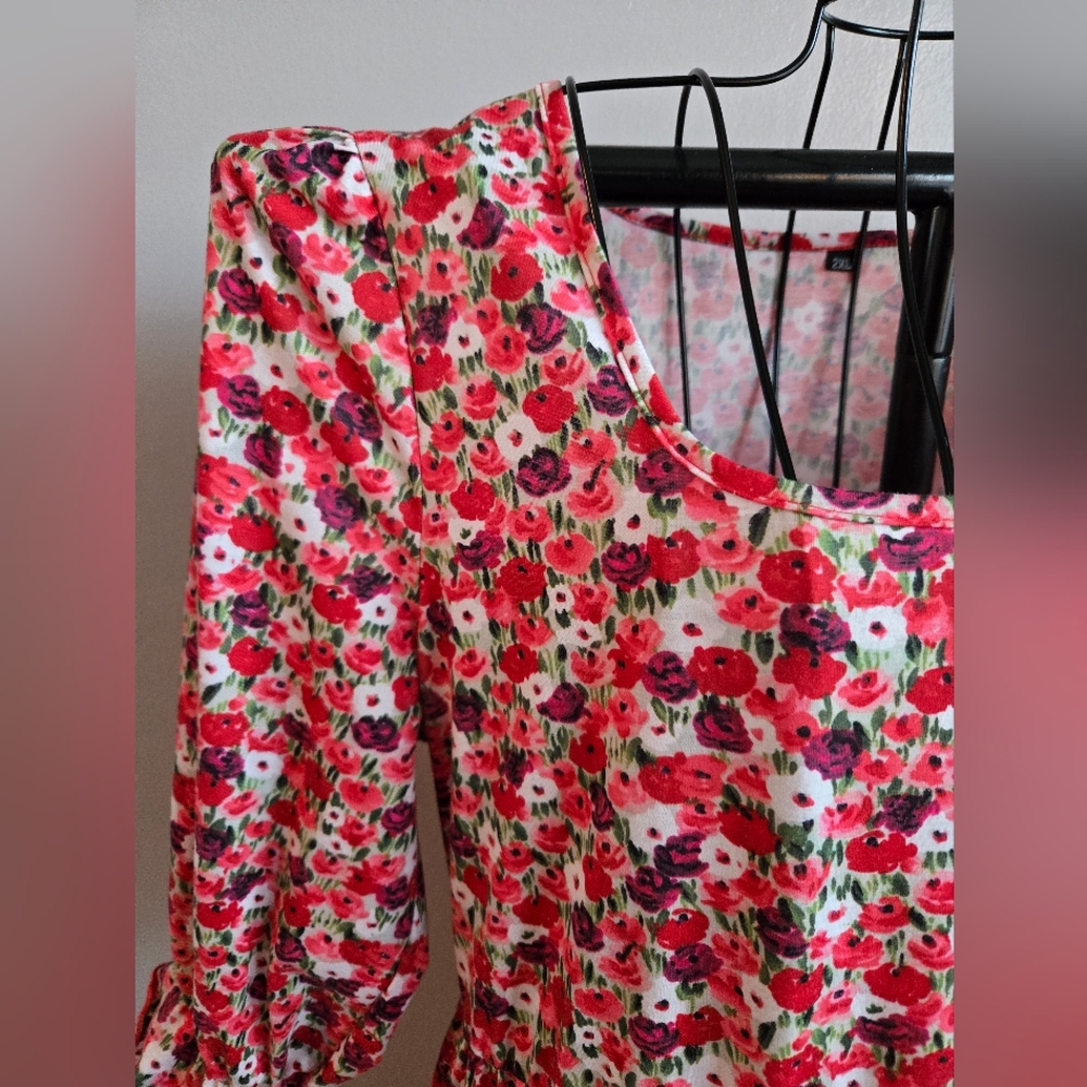 Floral Red Midi Easter Spring Dress 2XL - Picture 3 of 8